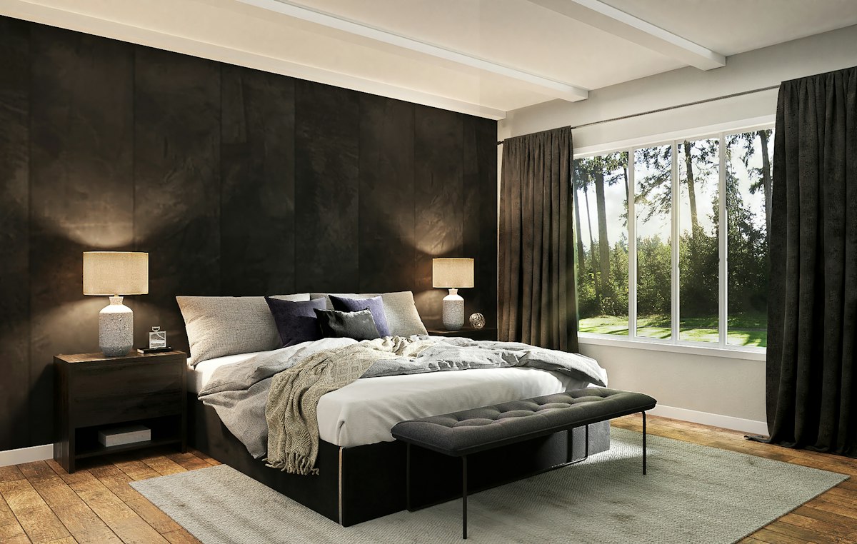 Luxury bedroom with dark panelled wall
