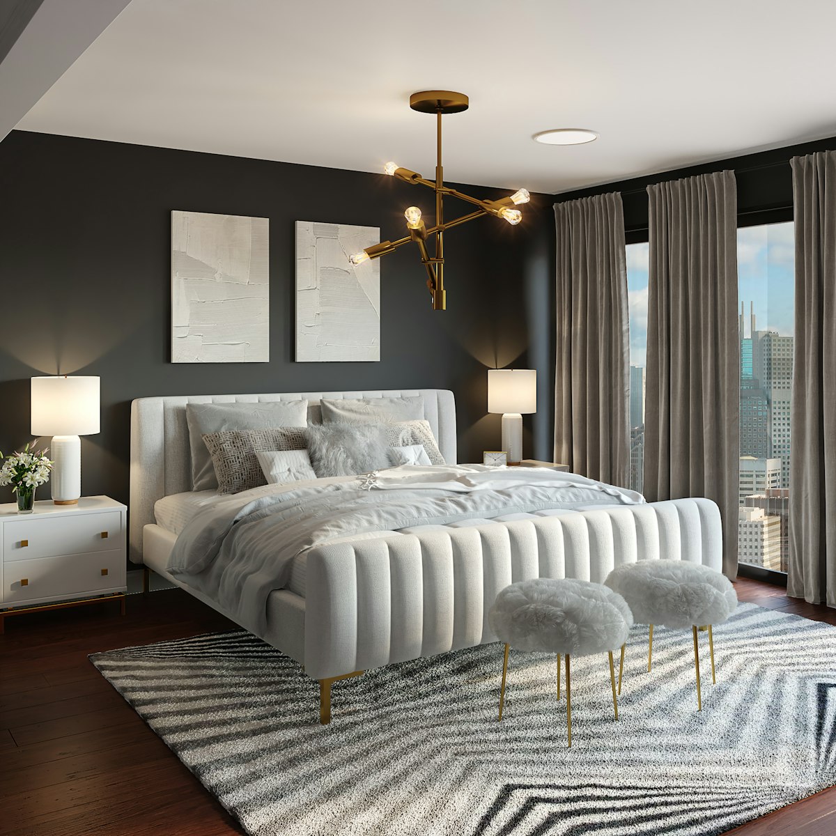 Premium grey bedroom with chandelier