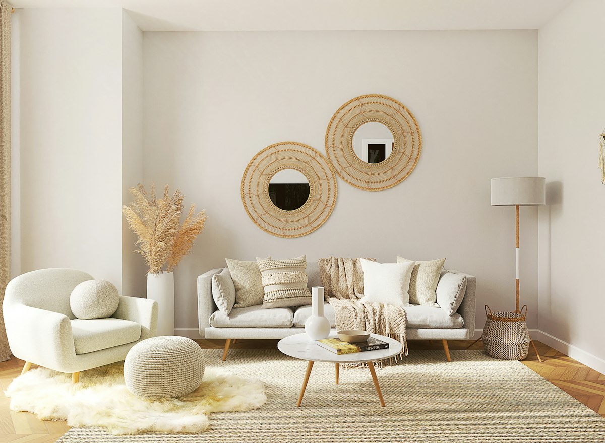 Cream living room with rattan wall decor and custom seating