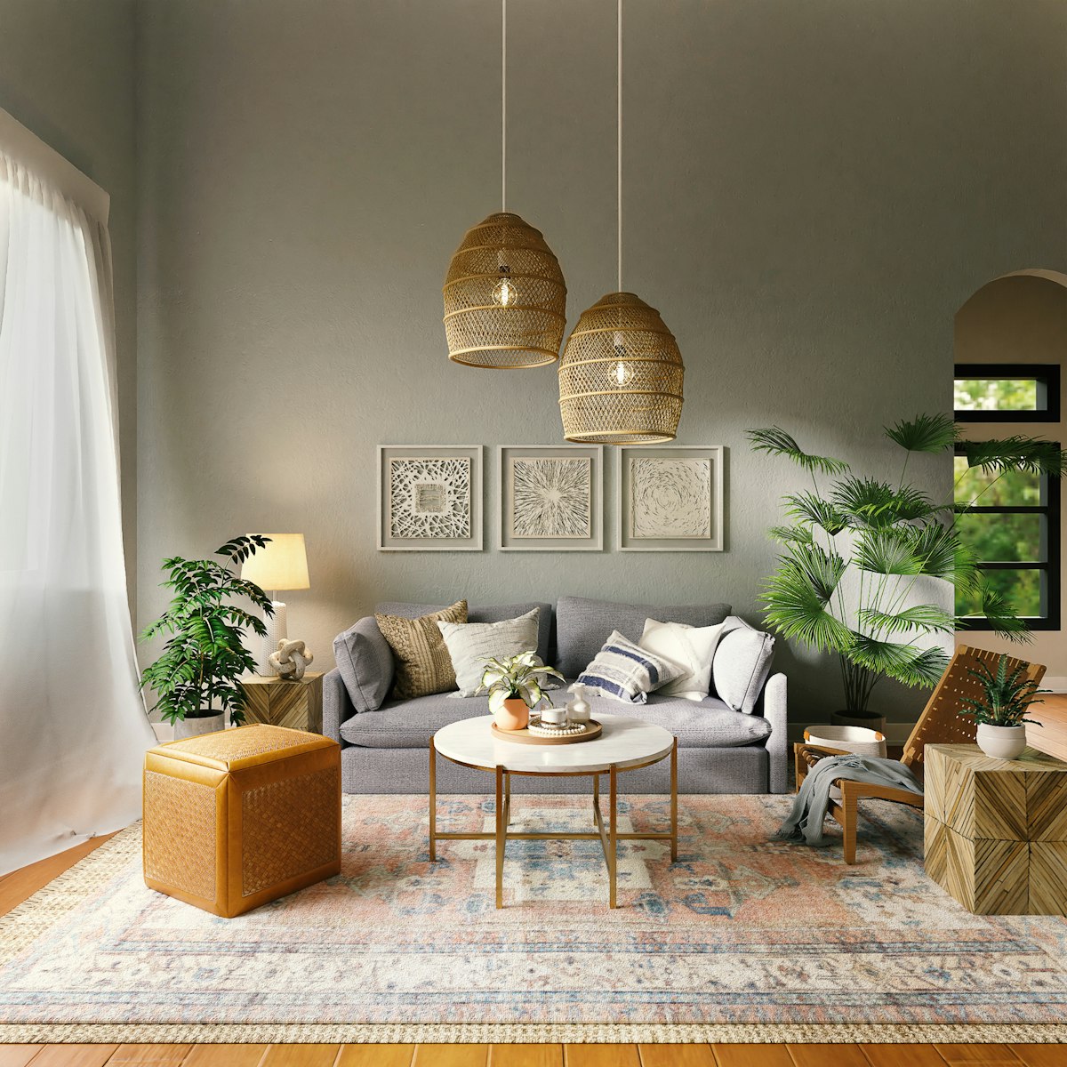 Boho style living room with cane lamps