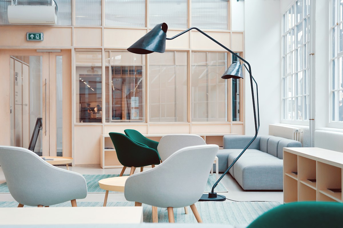 Modern office interior with custom workstations and seating